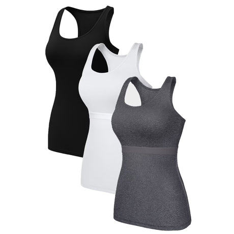 Charmo Womens 3-packs Cotton Tank Tops Fitting Racerback Undershirts Base Layer Camisole with Shelf Bra