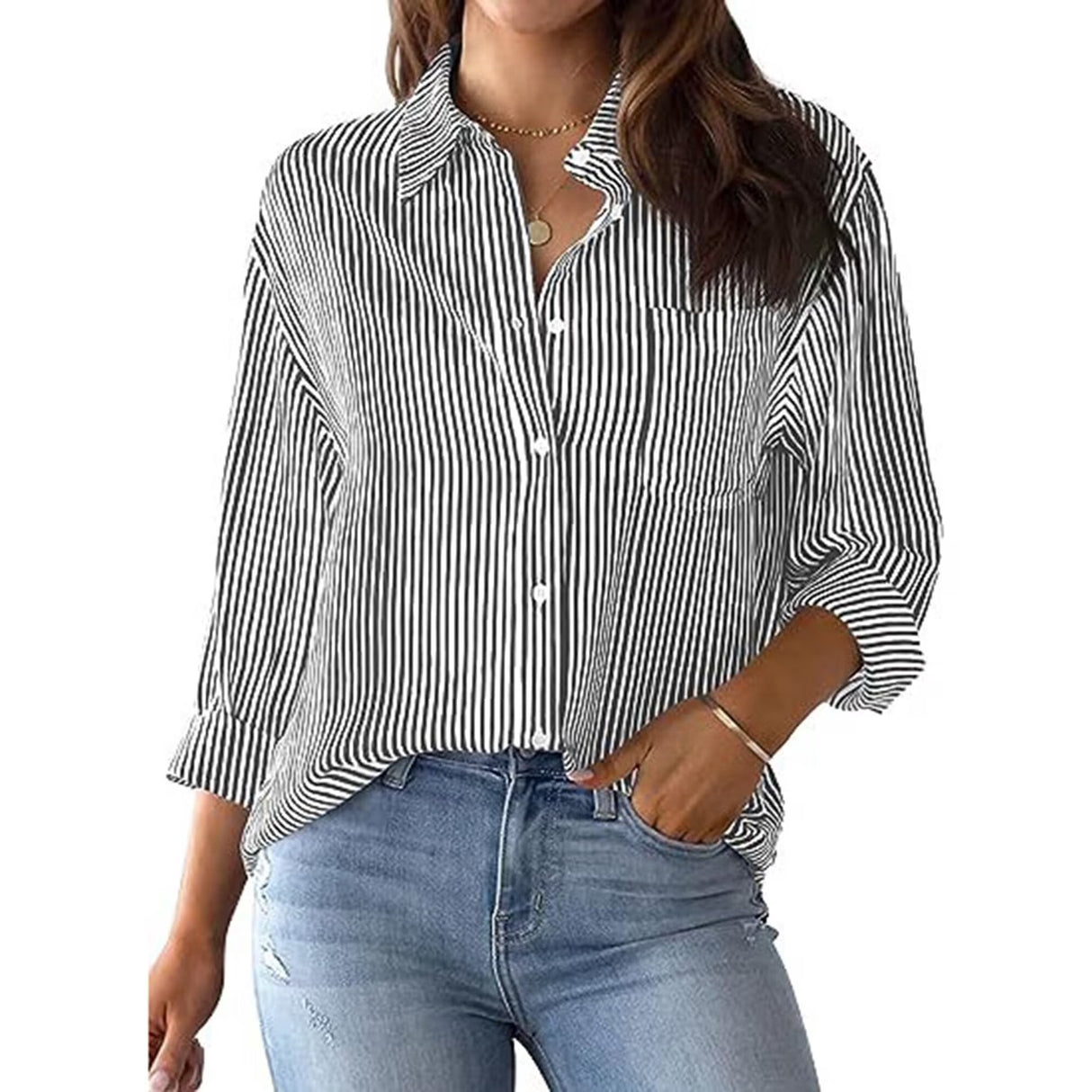 Charmo Striped Button Down Blouses Shirts for Womens Dress Shirts Long Sleeve Collared Blouses Work Business Casual Tops