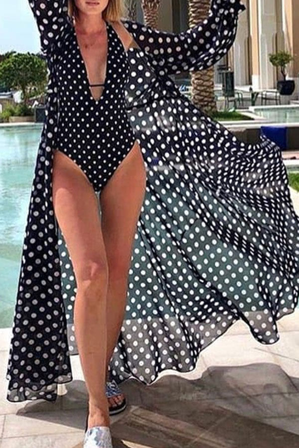 Polka Dot Smock Pretty Long Sleeve Black Cover Up