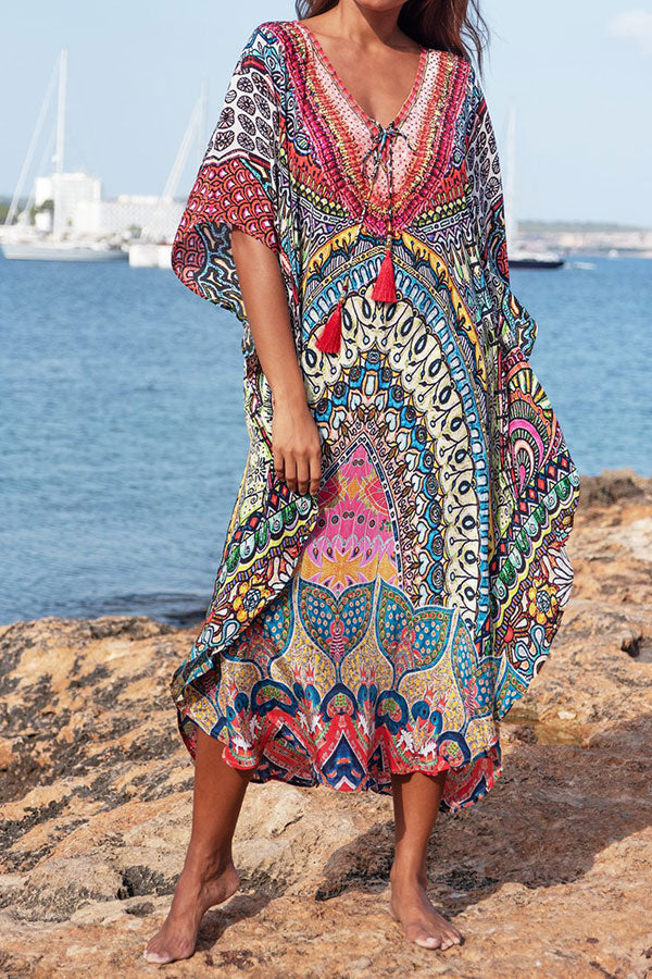 Bohemian Beach Dress Tribal Print Tassel Lace-up Beachwear