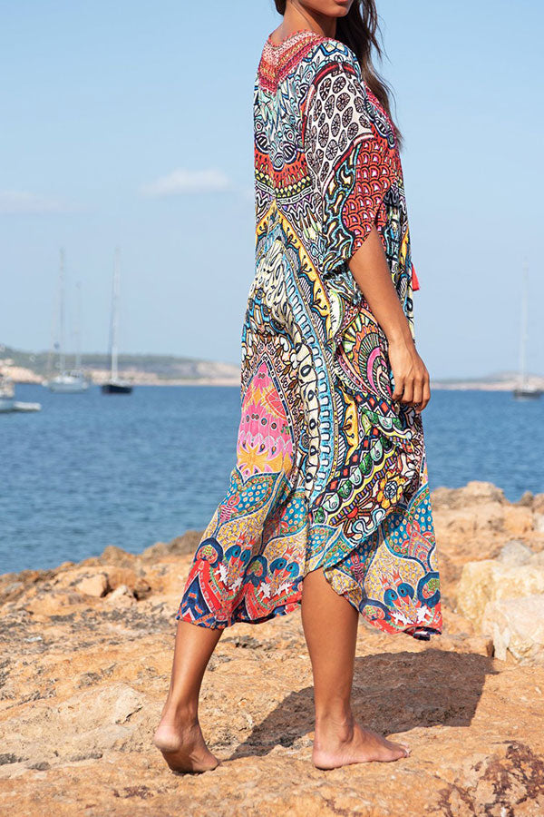 Bohemian Beach Dress Tribal Print Tassel Lace-up Beachwear