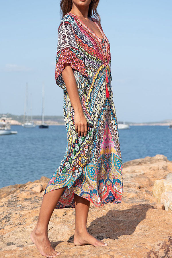 Bohemian Beach Dress Tribal Print Tassel Lace-up Beachwear