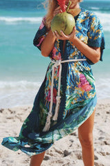 Floral Print Oriental Side Slit Belted Beachwear