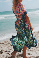 Floral Print Oriental Side Slit Belted Beachwear