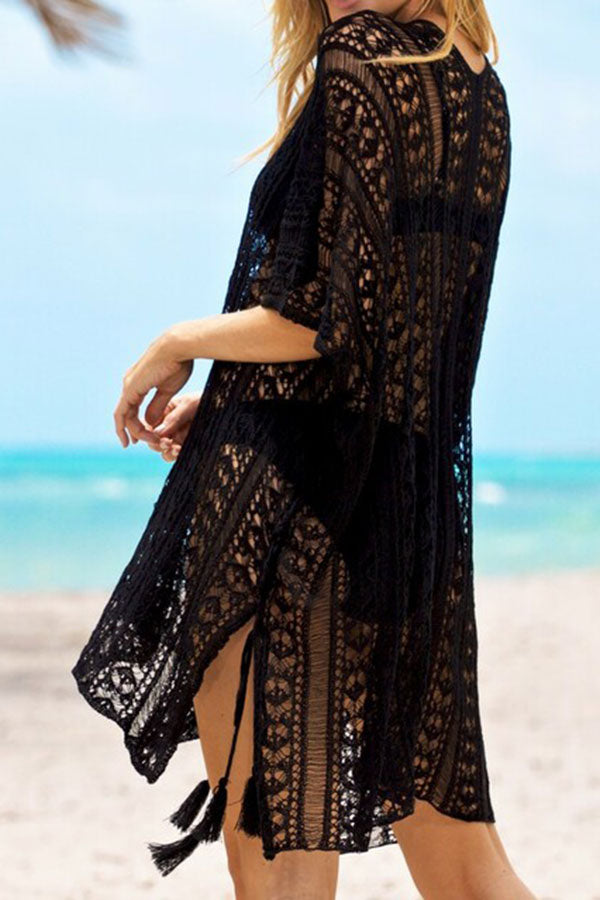 Solid Color Stylish Lace-Up Side Slit Cutout Crochet Beachwear