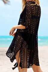 Solid Color Stylish Lace-Up Side Slit Cutout Crochet Beachwear