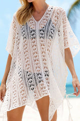 Solid Color Stylish Lace-Up Side Slit Cutout Crochet Beachwear