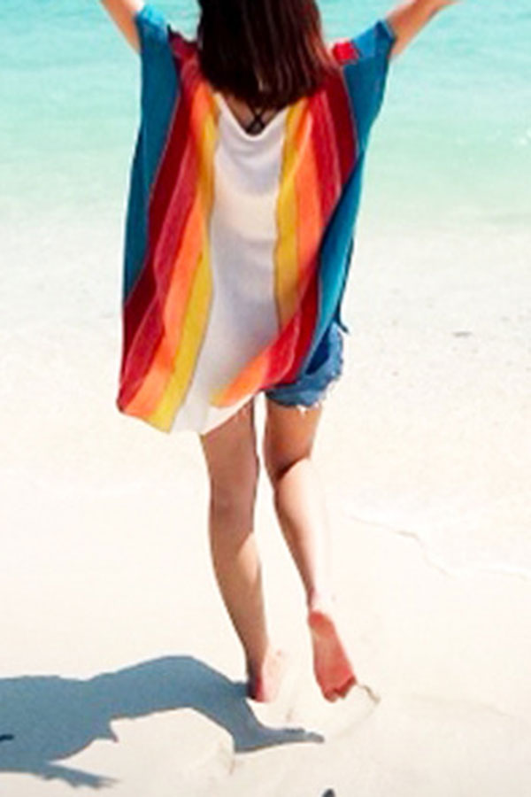 Rainbow Stripe V Neck Bright High Low Knitted Beachwear