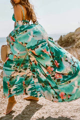 Oriental Crane Print Belted Beachwear