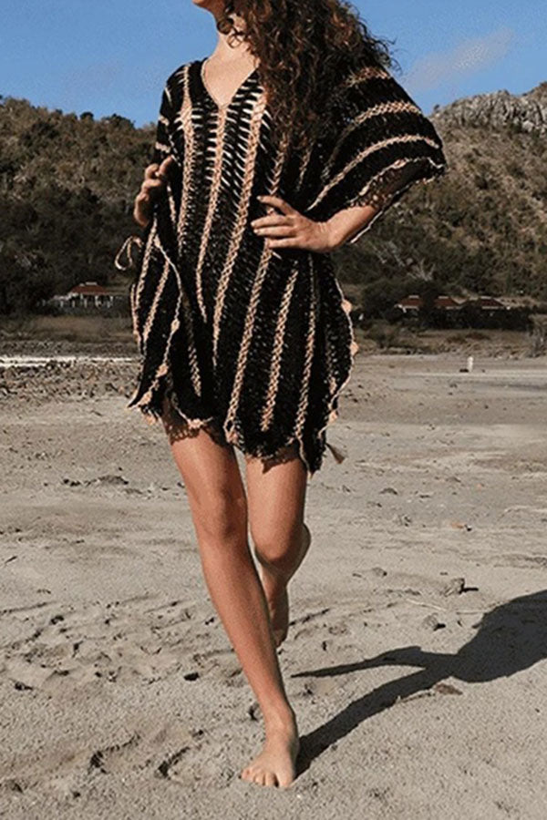 Striped Pretty Lace-Up Side Slit Cutout Crochet Beachwear