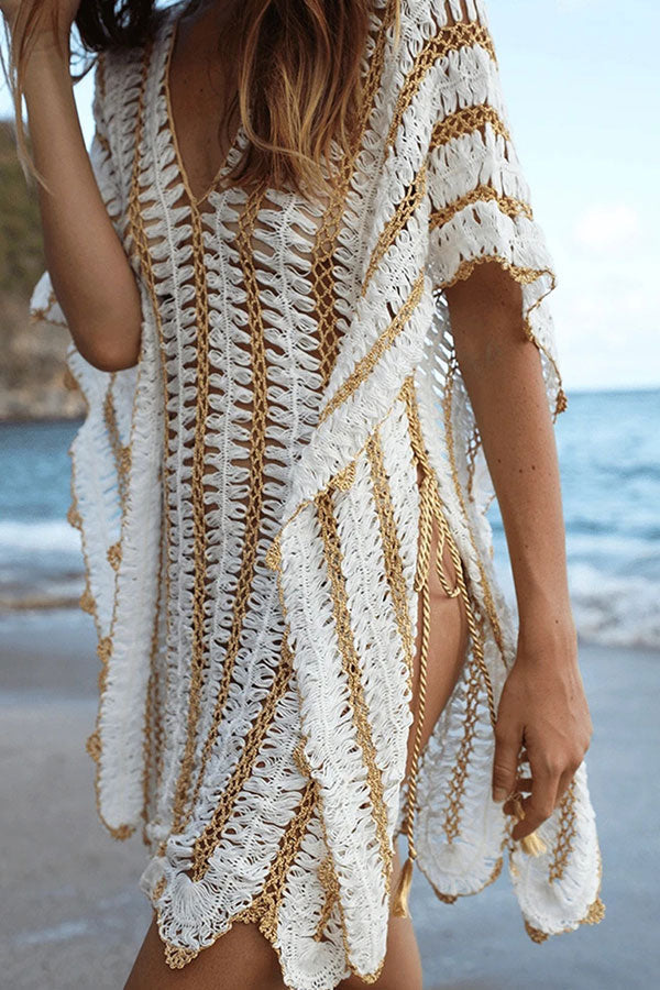 Striped Pretty Lace-Up Side Slit Cutout Crochet Beachwear