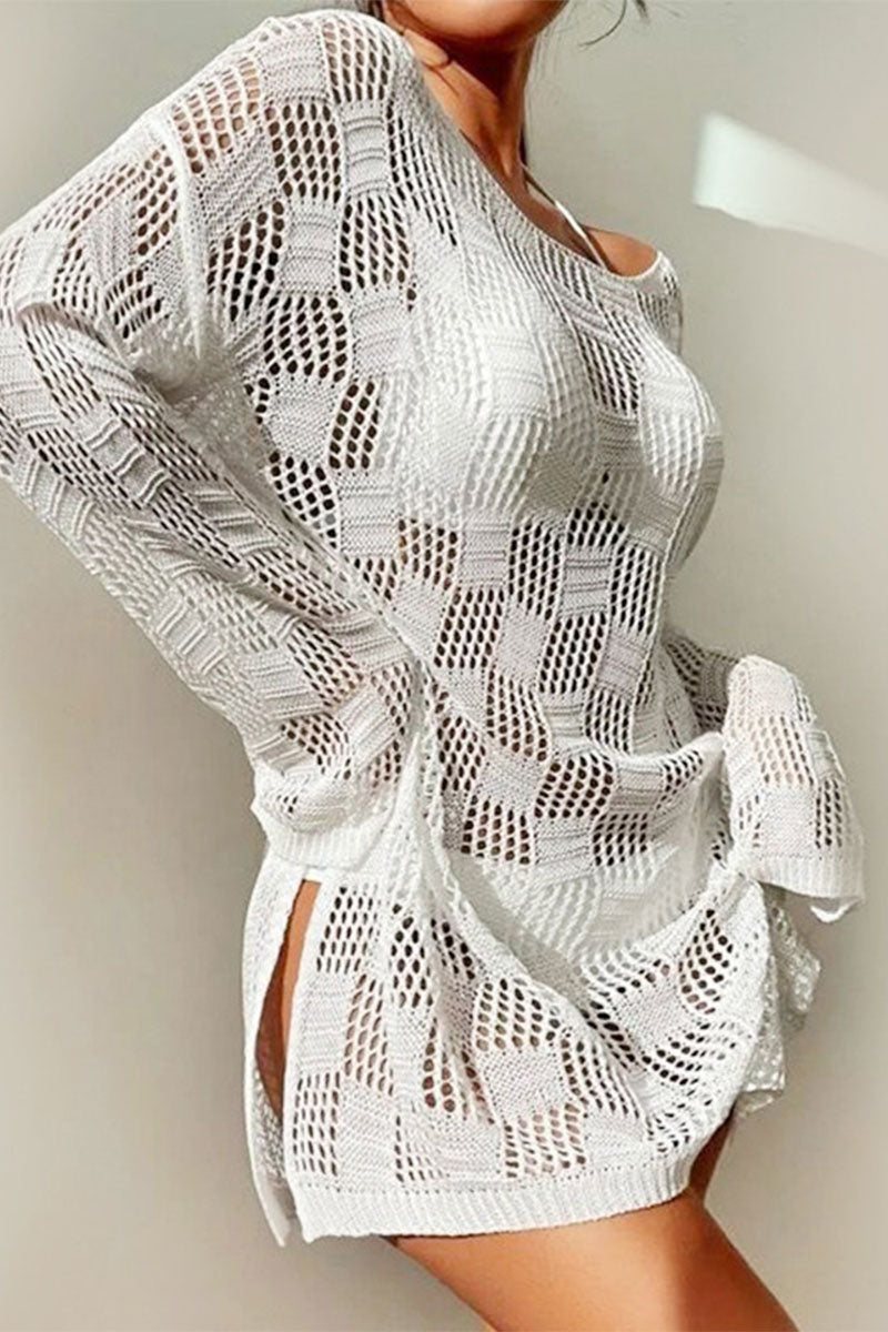 Solid Color Casual Cutout Knitted Dress Beachwear
