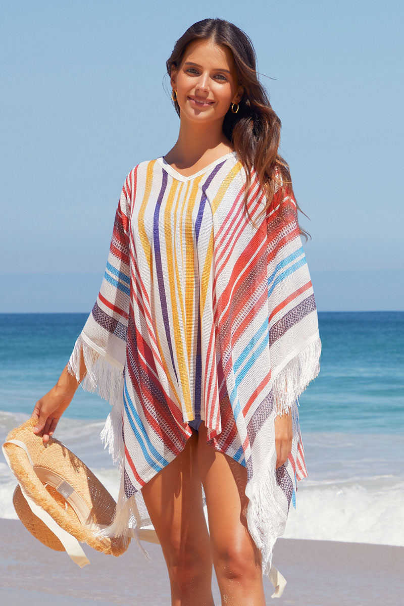 Colorful Vertical Striped Tassel Trim Dress Beachwear