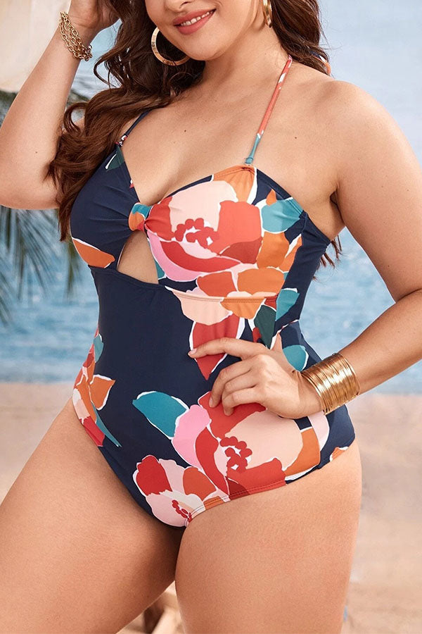 Plus Size Floral Print Cut Out One Piece Swimsuit