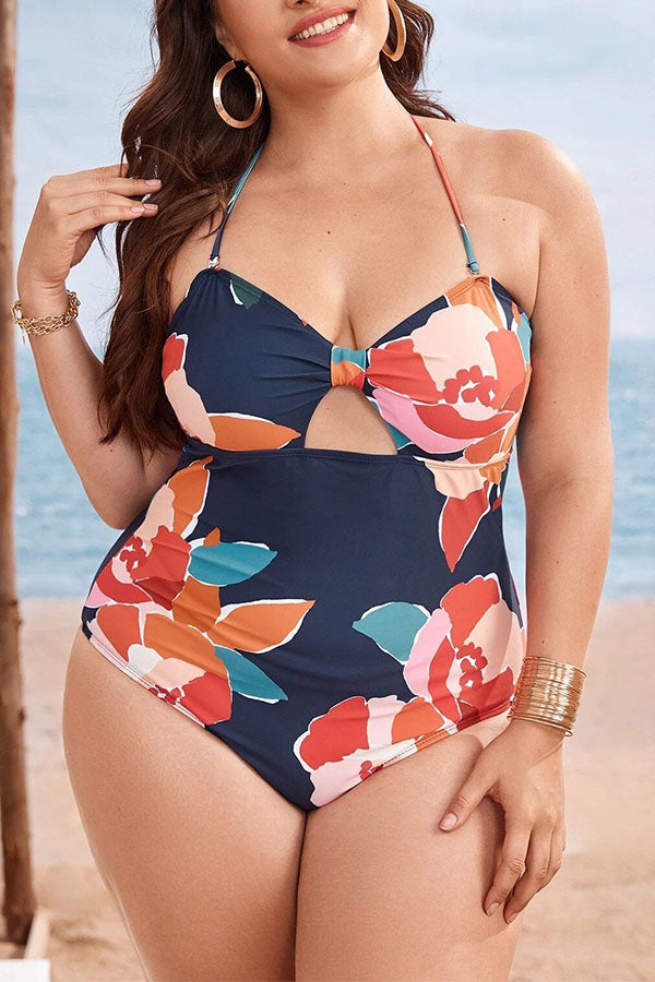 Plus Size Floral Print Cut Out One Piece Swimsuit