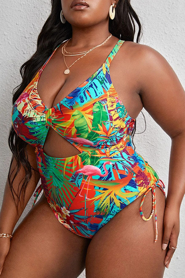 Plus Size Colorful Leaves V Neck Lace Up Cirss Cross Cut Out One Piece Swimsuit