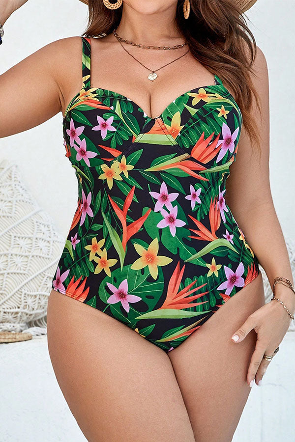 Plus Size Floral Print Adjustable Shoulder Strap One Piece Swimsuit