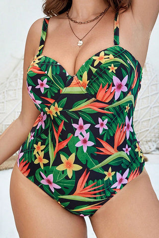 Plus Size Floral Print Adjustable Shoulder Strap One Piece Swimsuit