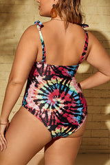 Plus Size Tie Dye Colorful V Neck Tummy Control One Piece Swimsuit