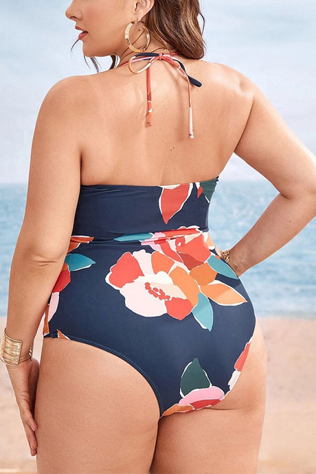 Plus Size Floral Print Cut Out One Piece Swimsuit