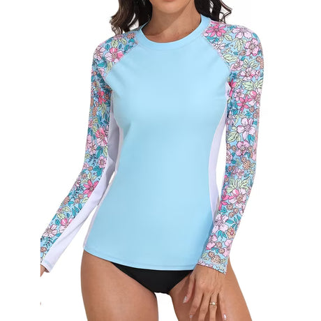 Charmo UPF 50+Swim Tops for Womens Long Sleeve Rashguard Printed Swim Shirts