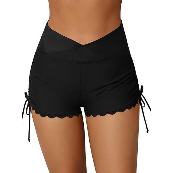 Charmo Scalloped Swim Shorts for Womens High Waisted Drawstring Swimsuit Bottoms Tankini Swim Board Shorts