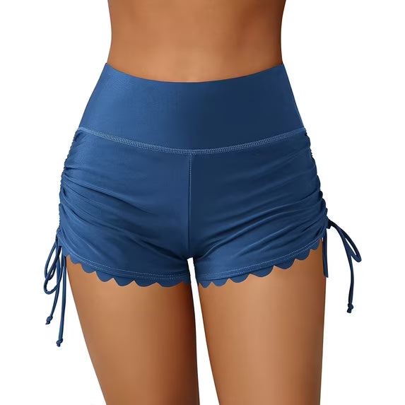 Charmo Scalloped Swim Shorts for Womens High Waisted Drawstring Swimsuit Bottoms Tankini Swim Board Shorts