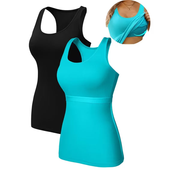Charmo 2-Pack Cotton Tank Tops for Womens with Shelf Bra Racerback Yoga Camisole Workout Undershirts