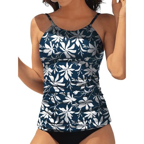 Charmo Women's High Neck Tankini Tops Built-in Bra Only Tummy Control Swimsuit Tops Ruched Swim Tops Without Bottoms