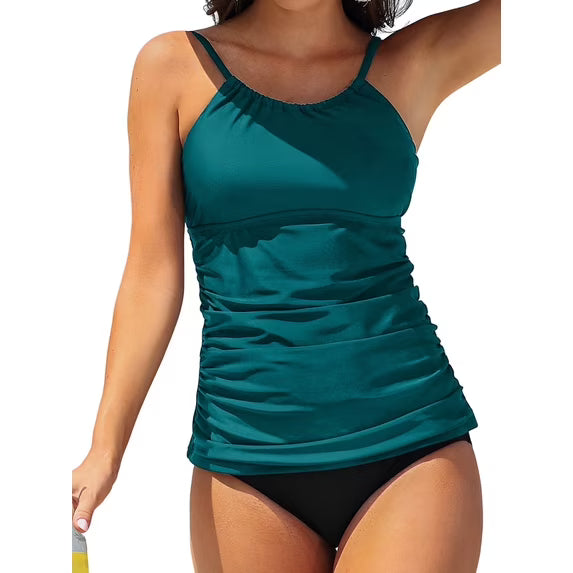 Charmo Women's High Neck Tankini Tops Built-in Bra Only Tummy Control Swimsuit Tops Ruched Swim Tops Without Bottoms