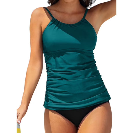Charmo Women's High Neck Tankini Tops Built-in Bra Only Tummy Control Swimsuit Tops Ruched Swim Tops Without Bottoms