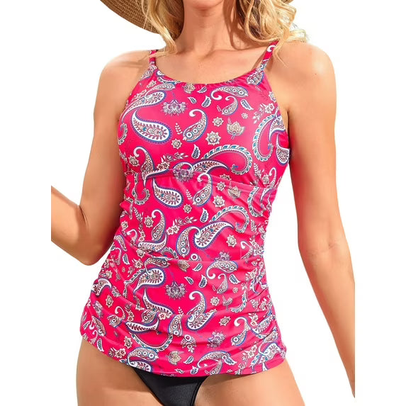 Charmo Women's High Neck Tankini Tops Built-in Bra Only Tummy Control Swimsuit Tops Ruched Swim Tops Without Bottoms