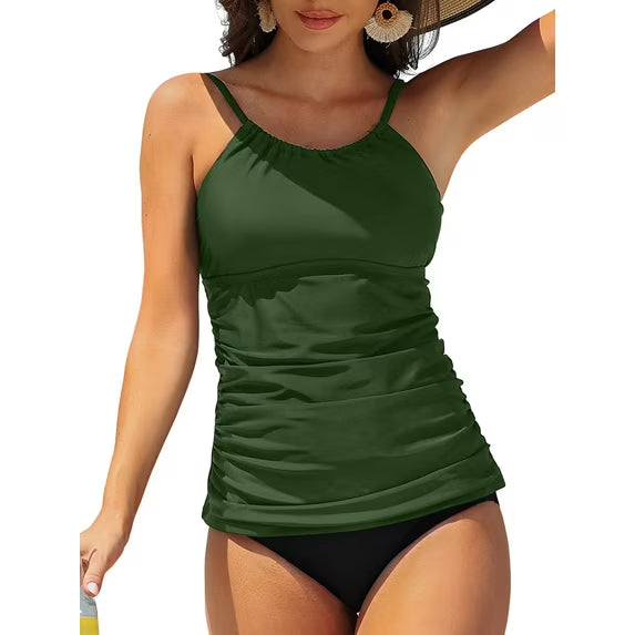 Charmo Women's High Neck Tankini Tops Built-in Bra Only Tummy Control Swimsuit Tops Ruched Swim Tops Without Bottoms