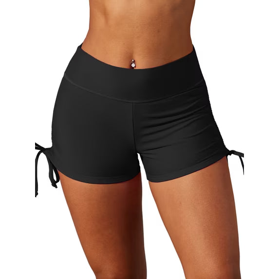 Charmo Scalloped Swim Shorts for Womens High Waisted Drawstring Swimsuit Bottoms Tankini Swim Board Shorts