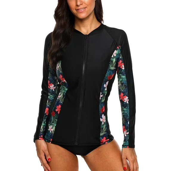 Charmo Women's Zipper Long Sleeve Rash Guard Sun Protection Swim Shirt Athletic Workout Running Tops Shirts
