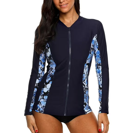 Charmo Women's Zipper Long Sleeve Rash Guard Sun Protection Swim Shirt Athletic Workout Running Tops Shirts