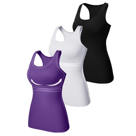 Charmo Womens 3-packs Cotton Tank Tops Fitting Racerback Undershirts Base Layer Camisole with Shelf Bra