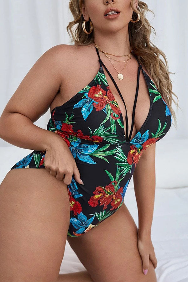 Plus Size V Neck Halter Tummy Control Spegatti Strap One Piece Swimsuit