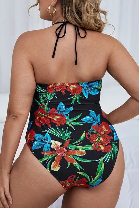 Plus Size V Neck Halter Tummy Control Spegatti Strap One Piece Swimsuit