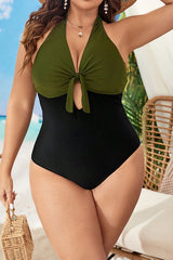 Plus Size Halter Ruching Cut Out One Piece Swimsuit