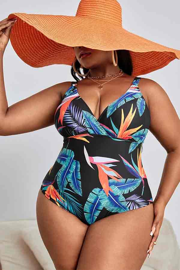 Plus Size V Neck Leaves Adjustable Shoulder Strap One Piece Swimsuit