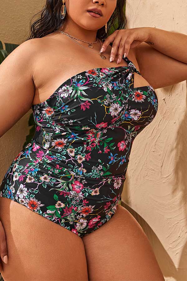 Plus Size Floral Print One Shoulder Ruching One Piece Swimsuit