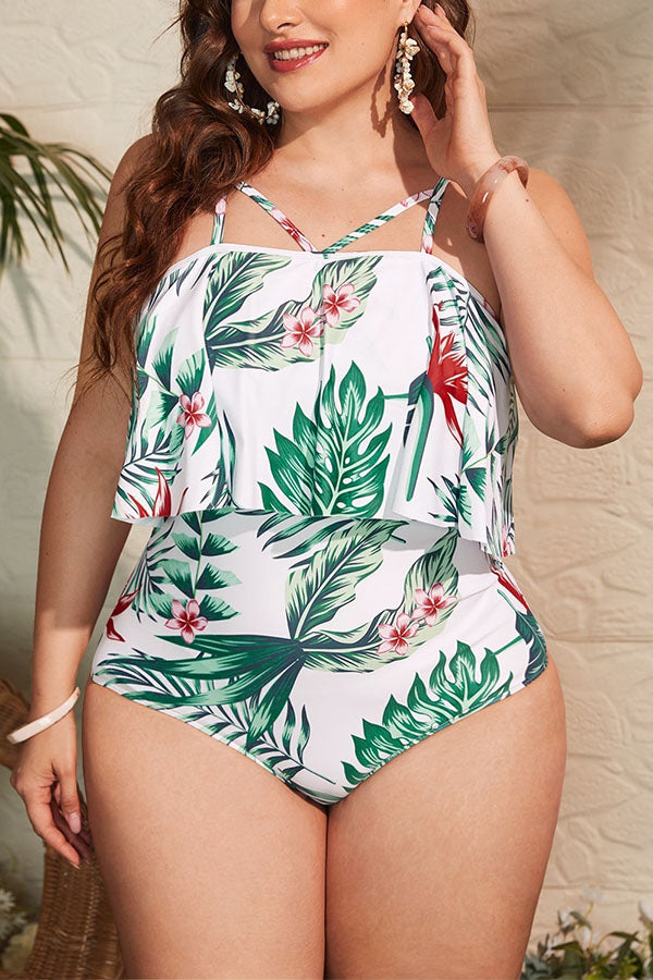 Plus Size Leaves Spegatti Strap Ruffle One Piece Swimsuit