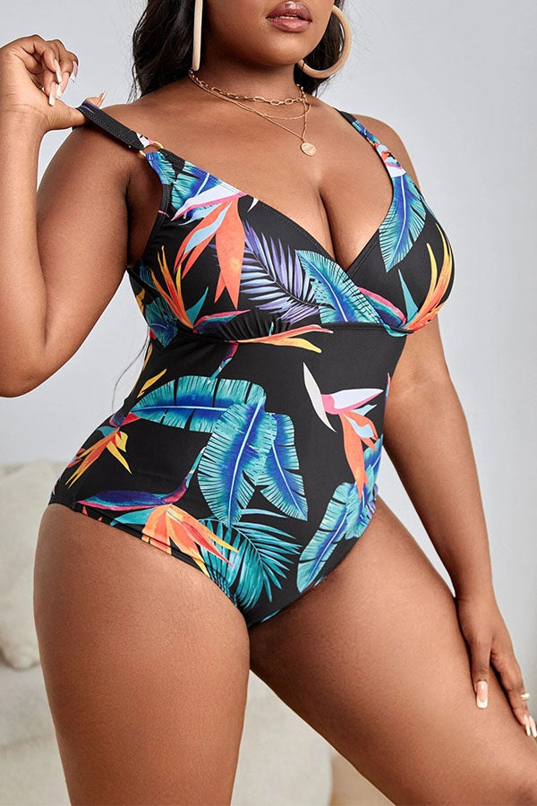 Plus Size V Neck Leaves Adjustable Shoulder Strap One Piece Swimsuit