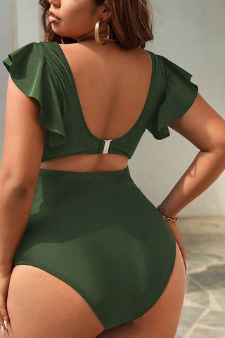Plus Size Solid Color V Neck Ruffle Ruching Cut Out One Piece Swimsuit