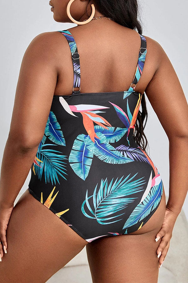 Plus Size V Neck Leaves Adjustable Shoulder Strap One Piece Swimsuit