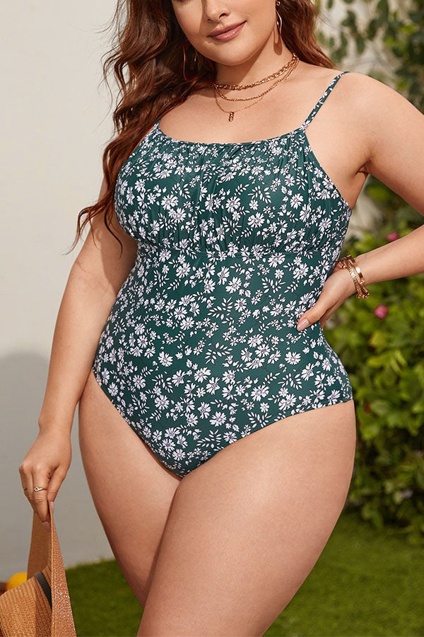 Plus Size Floral Print Ruching One Piece Swimsuit