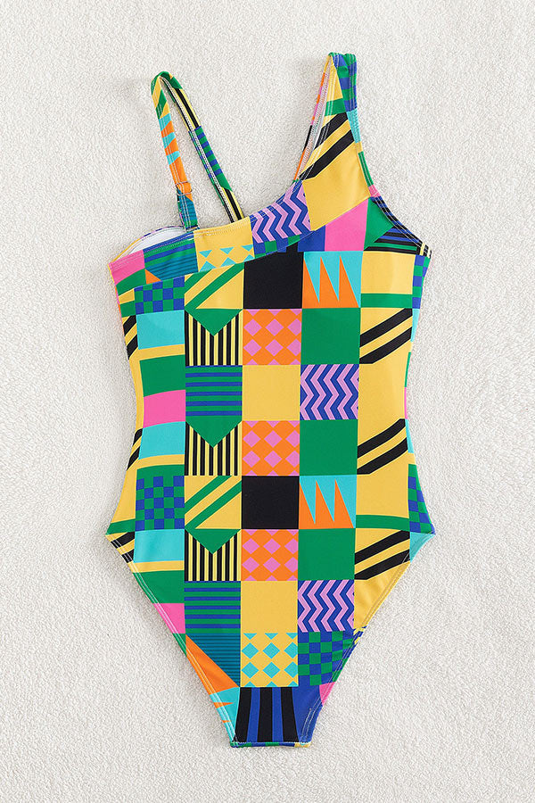 Geometry Pattern Ruching Cut Out One Piece Swimsuit
