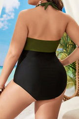 Plus Size Halter Ruching Cut Out One Piece Swimsuit