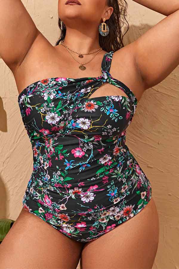 Plus Size Floral Print One Shoulder Ruching One Piece Swimsuit